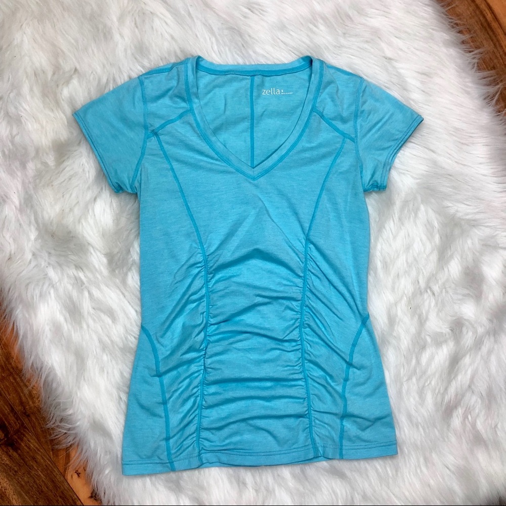 Zella Blue Ruched Top Short Sleeve V Neck Small